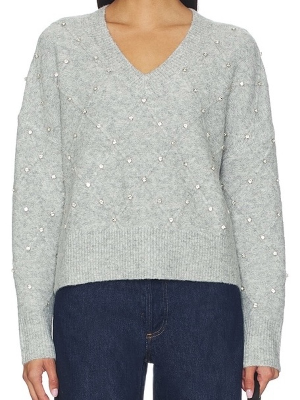 LNA Embellished Crystal Noma SilverV-Neck Sweater in Light Gray